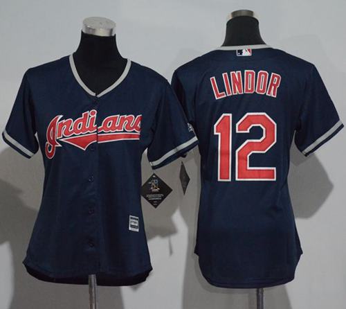Indians #12 Francisco Lindor Navy Blue Women's Alternate Stitched MLB Jersey - Click Image to Close